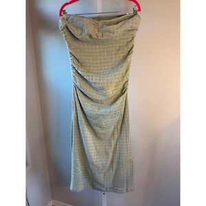Free People‎ Ruched Strapless Midi Dress Sage Green Textured Slit